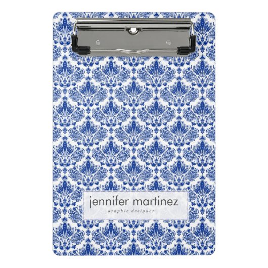 Elegant Royal Blue and White Damasks Mini Klemmbrett (Vorderseite)