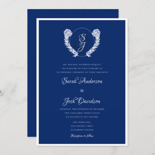 Elegant Royal Blue and White Monogram Einladung (Vorne/Hinten)