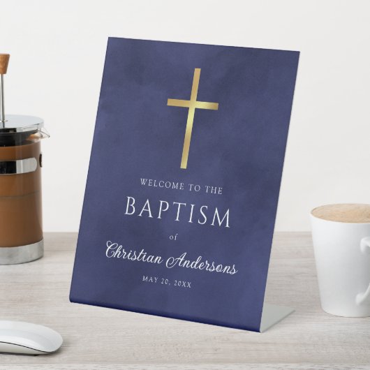Elegant Royal Blue Baptism Boy Welcome Sign Sockelschild (In SItu)
