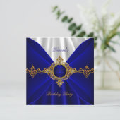 Elegant Royal Blue Birthday Gold Jewel White Silk Einladung (Stehend Vorderseite)