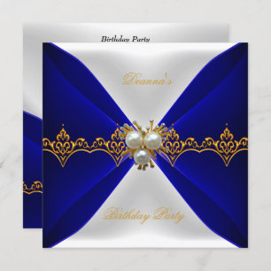 Elegant Royal Blue Birthday Gold Jewel White Silk Einladung