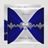 Elegant Royal Blue Birthday Jewel White Silk Einladung (Vorne/Hinten)