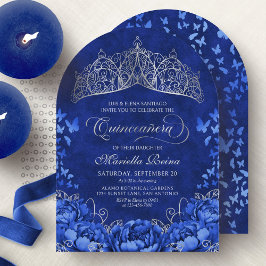 Elegant Royal Blue Butterflies Crown Quinceanera Einladung