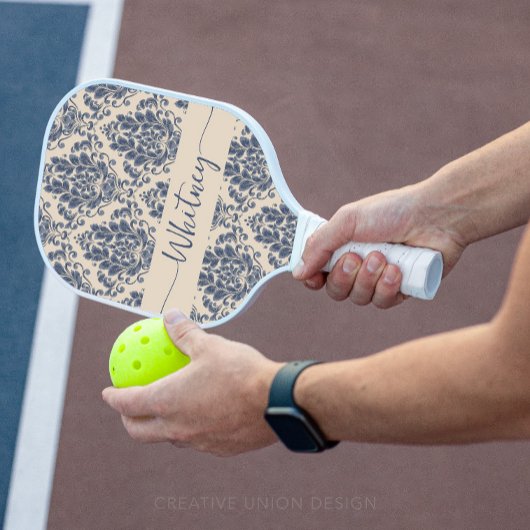 Elegant Royal Blue Damask Floral Pickleball Schläger