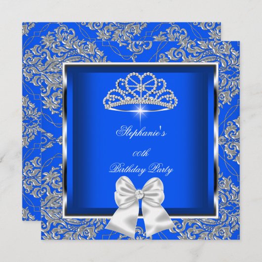 Elegant Royal Blue Damask Silver Birthday Party Einladung (Vorne/Hinten)