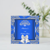 Elegant Royal Blue Damask Silver Birthday Party Einladung (Stehend Vorderseite)