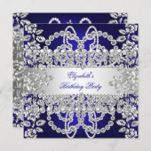 Elegant Royal Blue Diamonds Silver Birthday Party Einladung (Vorne/Hinten)