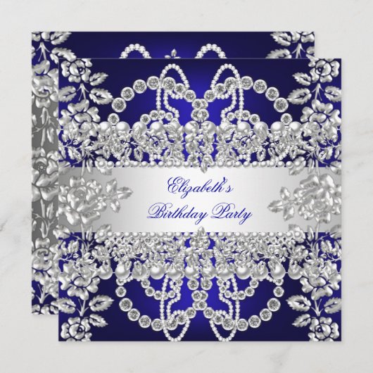 Elegant Royal Blue Diamonds Silver Birthday Party Einladung (Vorne/Hinten)