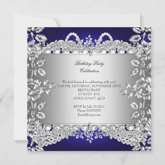 Elegant Royal Blue Diamonds Silver Birthday Party Einladung (Rückseite)