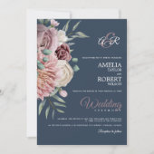Elegant Royal Blue Dusty Rose Floral Einladung (Vorderseite)