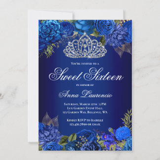Elegant Royal Blue Floral 16 . Geburtstag Geburtst Einladung