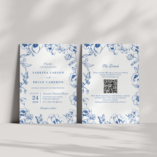 Elegant Royal Blue Floral Garden QR Code Wedding Einladung