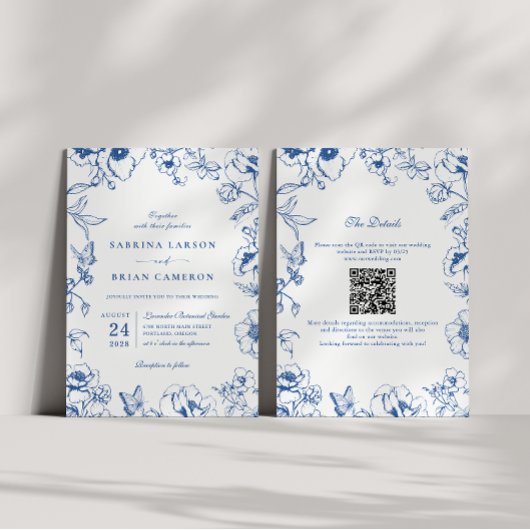 Elegant Royal Blue Floral Garden QR Code Wedding Einladung