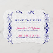 Elegant Royal-Blue Floral Lace White Damasks Save The Date (Vorne/Hinten)