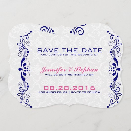 Elegant Royal-Blue Floral Lace White Damasks Save The Date (Vorne/Hinten)