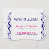 Elegant Royal-Blue Floral Lace White Damasks Save The Date (Vorderseite)