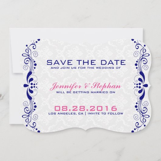 Elegant Royal-Blue Floral Lace White Damasks Save The Date (Vorderseite)