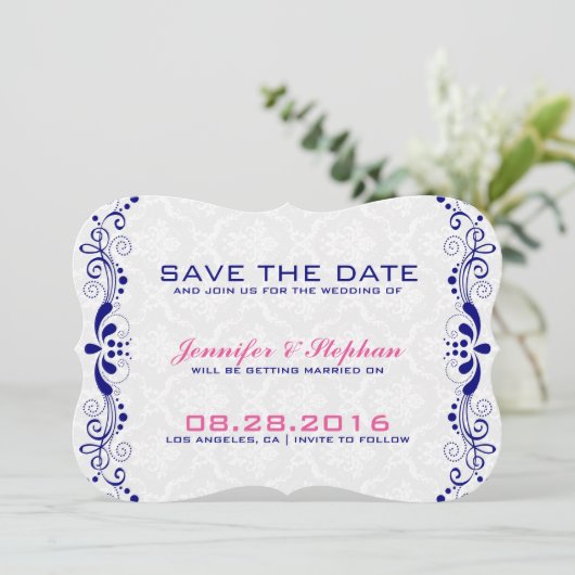 Elegant Royal-Blue Floral Lace White Damasks Save The Date (Stehend Vorderseite)