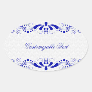 Elegant Royal Blue Floral Lave & White Damask Ovaler Aufkleber
