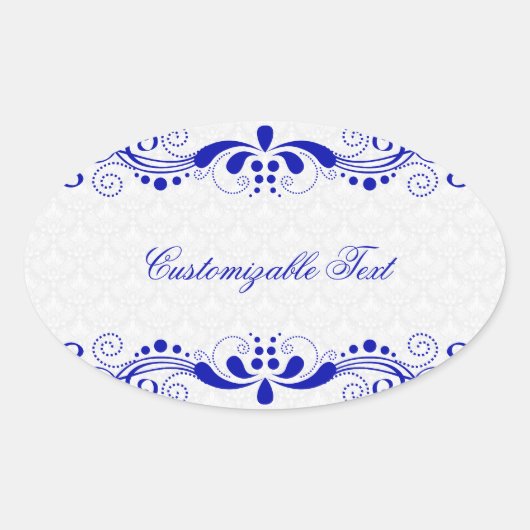 Elegant Royal Blue Floral Lave & White Damask Ovaler Aufkleber (Vorderseite)