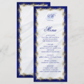 Elegant Royal Blue Floral Monogram Wedding Menükarte (Vorne/Hinten)