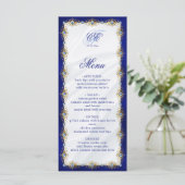 Elegant Royal Blue Floral Monogram Wedding Menükarte (Stehend Vorderseite)