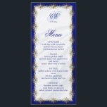 Elegant Royal Blue Floral Monogram Wedding Menükarte<br><div class="desc">Frame your wedding menu with elegant metallic royal blue and gold jeweled filigree. White satin in the background adds to the luxury. Easily customize the coordinating blue text in classic fonts.</div>