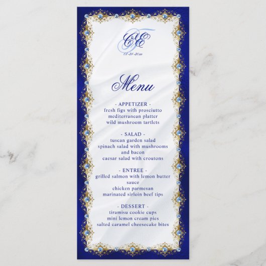 Elegant Royal Blue Floral Monogram Wedding Menükarte (Vorderseite)