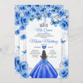 Elegant Royal Blue Floral Princess Mis Quince Einladung (Vorne/Hinten)