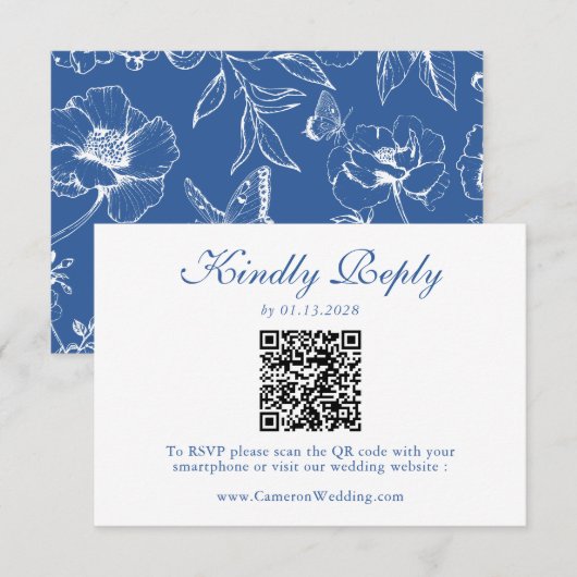 Elegant Royal Blue Floral QR Code Wedding RSVP Karte (Vorne/Hinten)