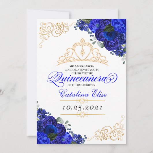 Elegant Royal Blue Floral Quinceanera Birthday Einladung (Vorderseite)