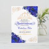 Elegant Royal Blue Floral Quinceanera Birthday Einladung (Stehend Vorderseite)