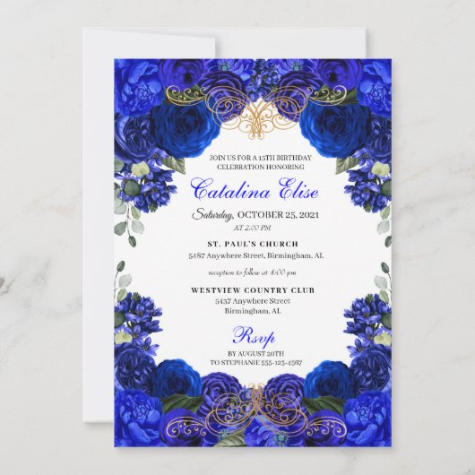 Elegant Royal Blue Floral Quinceanera Birthday Einladung (Rückseite)