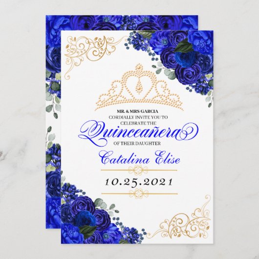 Elegant Royal Blue Floral Quinceanera Birthday Einladung (Vorne/Hinten)