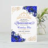 Elegant Royal Blue Floral Quinceanera Birthday Einladung (Stehend Vorderseite)
