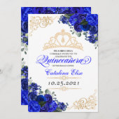 Elegant Royal Blue Floral Quinceanera Birthday Einladung (Vorne/Hinten)