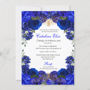 Elegant Royal Blue Floral Quinceanera Birthday Einladung