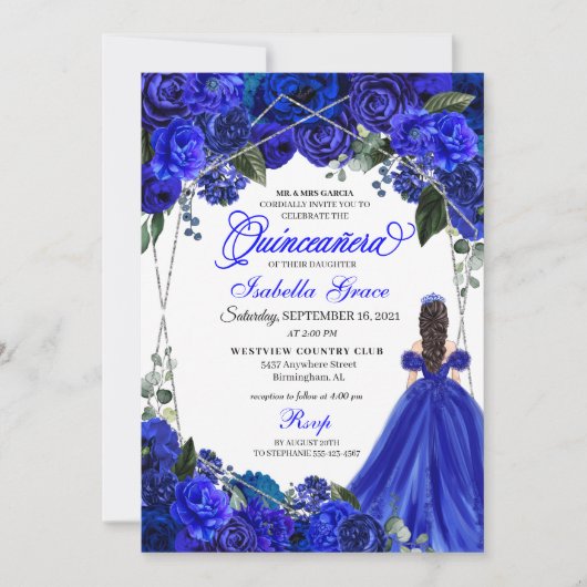 Elegant Royal Blue Floral Quinceanera Birthday Einladung (Vorderseite)