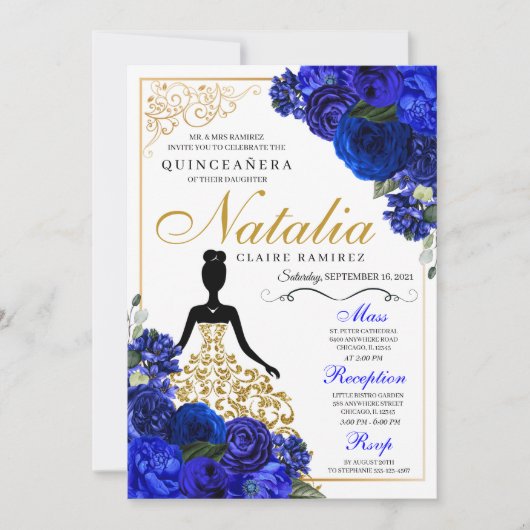 Elegant Royal Blue Floral Quinceanera Birthday Einladung (Vorderseite)