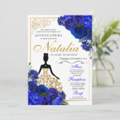 Elegant Royal Blue Floral Quinceanera Birthday Einladung (Stehend Vorderseite)