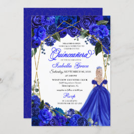 Elegant Royal Blue Floral Quinceanera Birthday Einladung