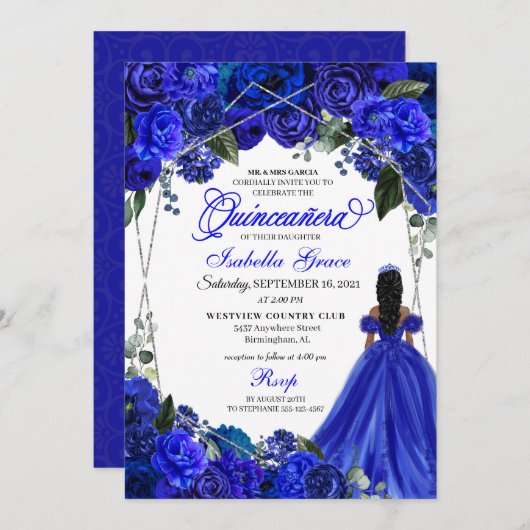 Elegant Royal Blue Floral Quinceanera Birthday Inv Einladung (Vorne/Hinten)