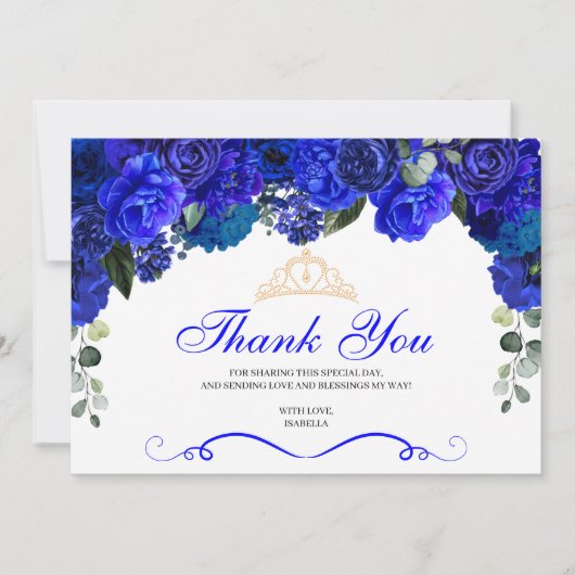 Elegant Royal Blue Floral Quinceanera Vielen Dank Dankeskarte (Vorderseite)
