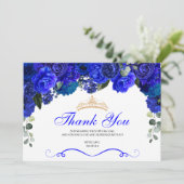 Elegant Royal Blue Floral Quinceanera Vielen Dank Dankeskarte (Stehend Vorderseite)