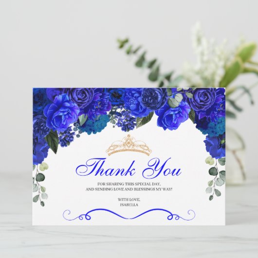 Elegant Royal Blue Floral Quinceanera Vielen Dank Dankeskarte (Stehend Vorderseite)