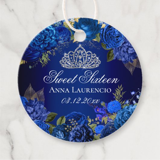 Elegant Royal Blue Floral Rose Sweet 16 Geschenkanhänger (Vorderseite)