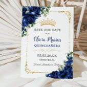 Elegant Royal Blue Flowers Gold Quinceñera 16. Save The Date