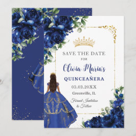 Elegant Royal Blue Flowers Princess Quinceañera Save The Date