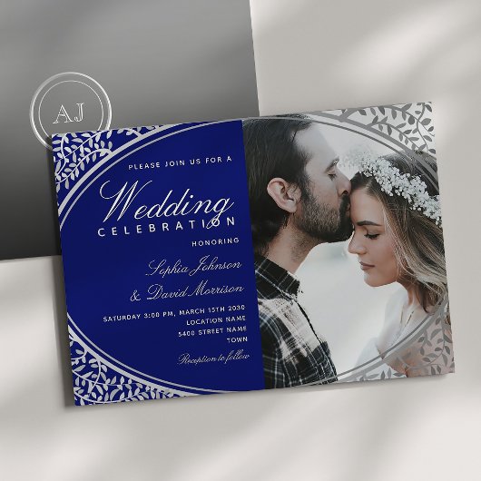 Elegant Royal Blue Foto Wedding Einladung
