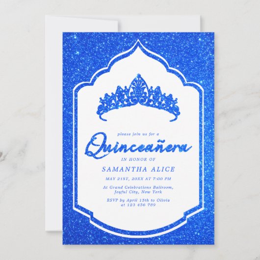 Elegant Royal Blue Glittery Quinceanera Einladung (Vorderseite)